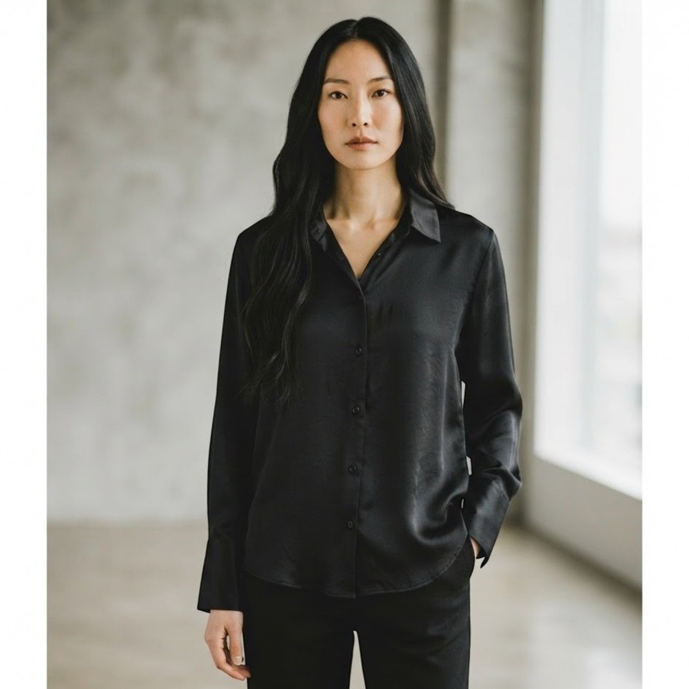 Abercrombie & Fitch Button Down Womens Large Black Satin Long Sleeve Blouse EUC